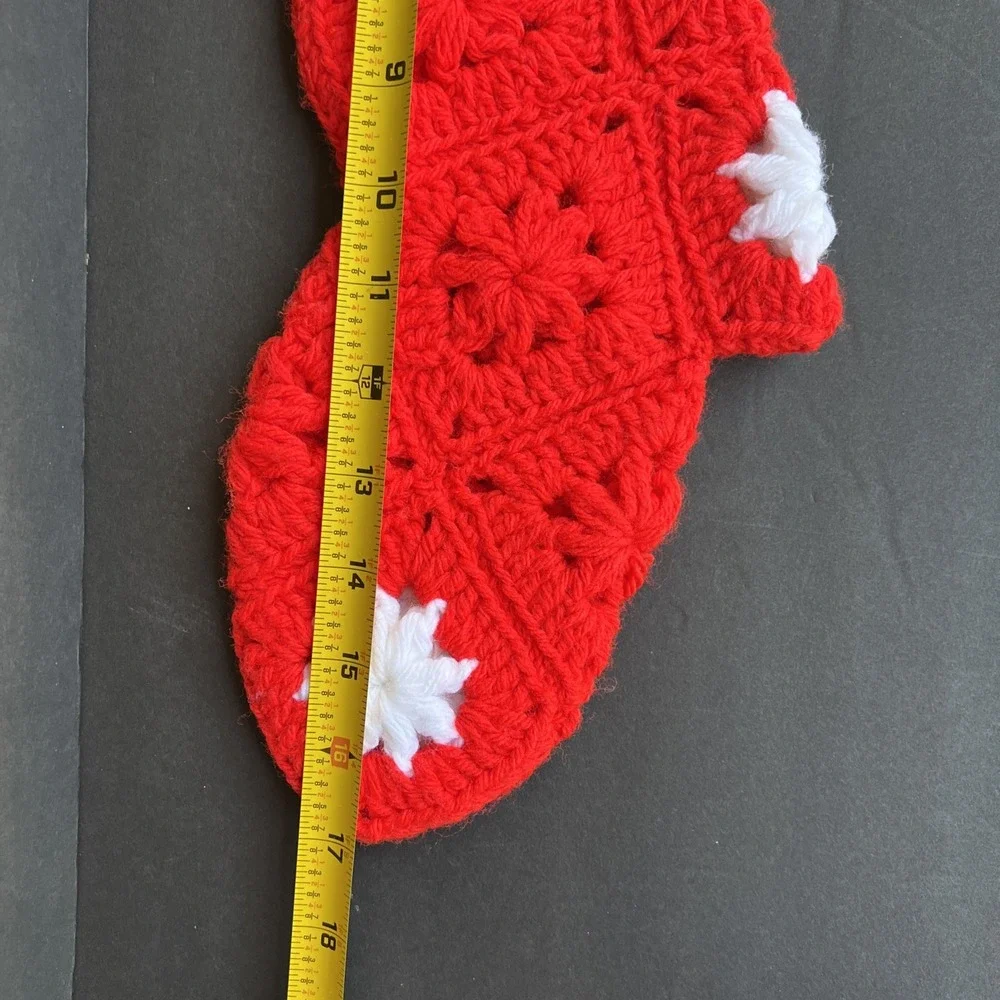 VTG Crochet Christmas Stockings Pair Red White Granny Squares Handmade 21